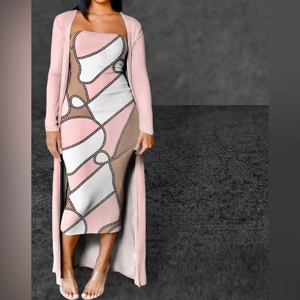 NWT 2 PC. Bodycon Strapless Dress with Long Sleeve Top- geometric shape designs